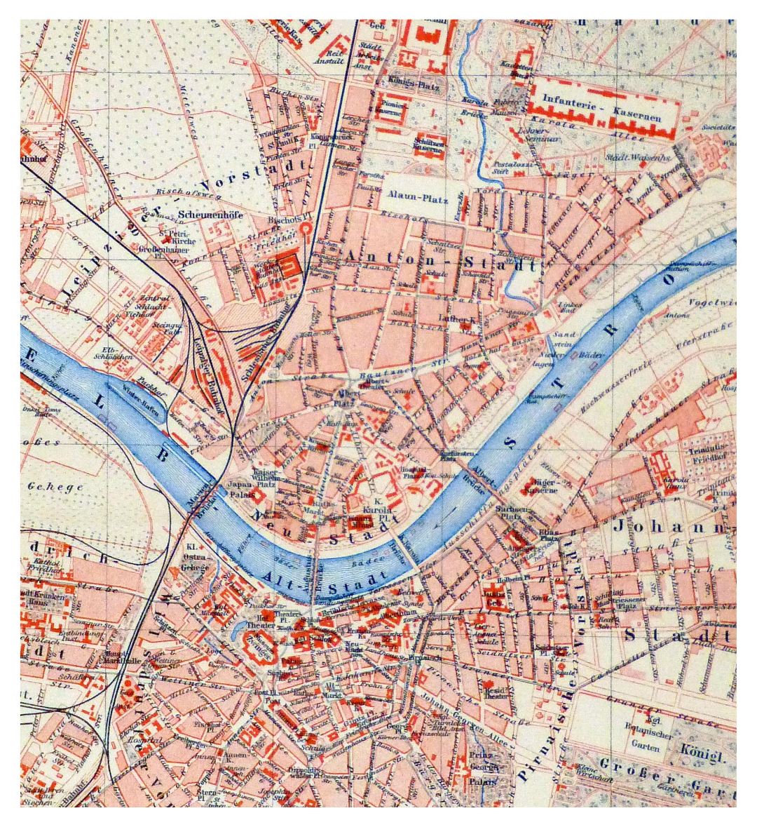 Mapa grande antigua detallada de la parte central de la ciudad de Dresden - 1885