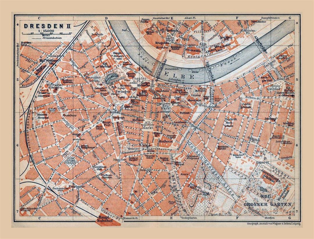 Mapa grande antiguo de la ciudad de Dresde