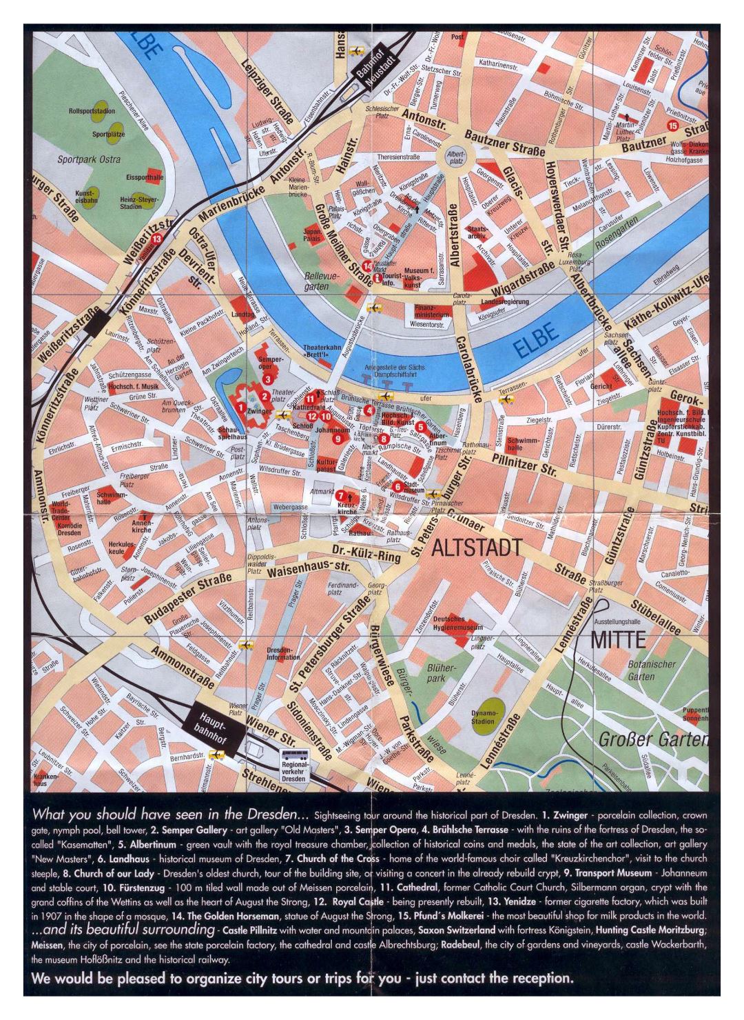 Mapa grande turística detallada de la parte central de la ciudad de Dresde