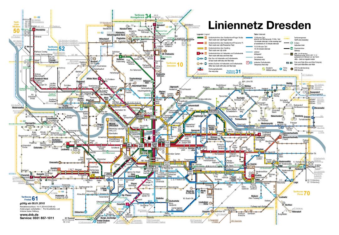 Tranvía y autobús detallada gran mapa de la ciudad de Dresde