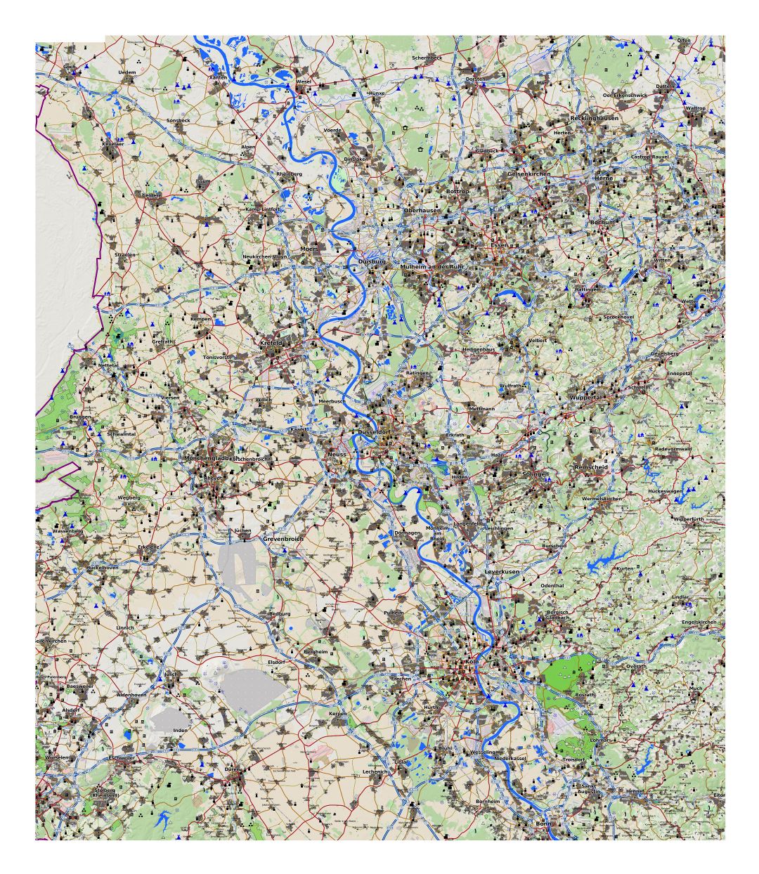 Gran mapa de la ciudad de Dusseldorf alrededores