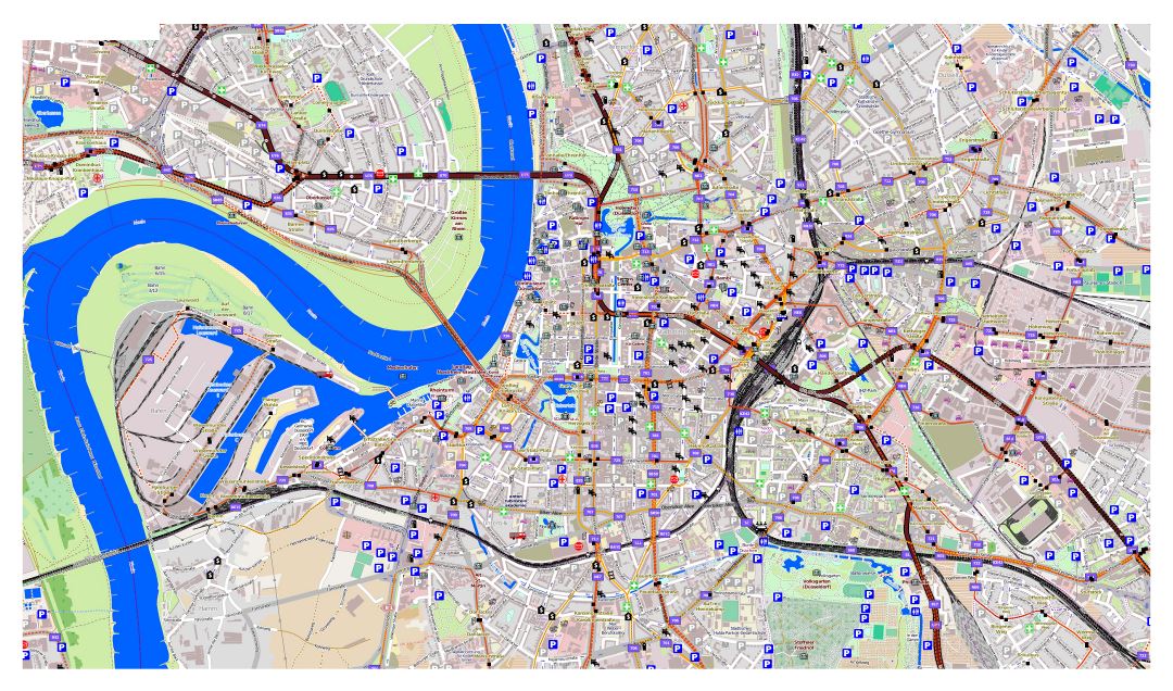 Gran mapa de la ciudad de Dusseldorf con otras marcas