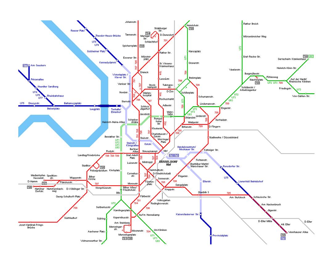 Mapa detallado de tranvía de Dusseldorf