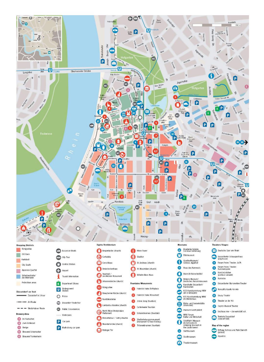 Mapa grande turística detallada de la parte central de la ciudad de Dusseldorf