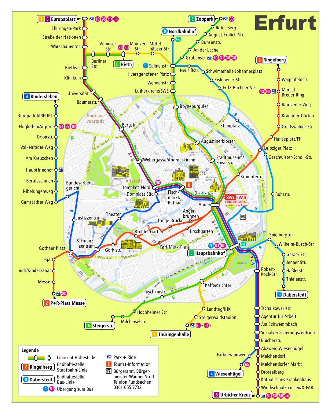 El transporte público gran mapa detallado de la red de la ciudad de Erfurt