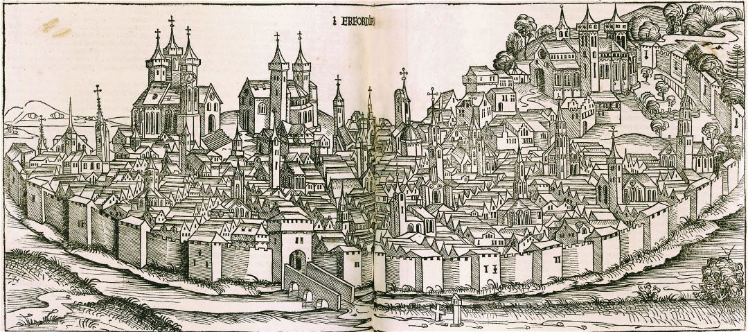 Gran detalle antiguo viejo vista panorámica de la ciudad de Erfurt - 1493