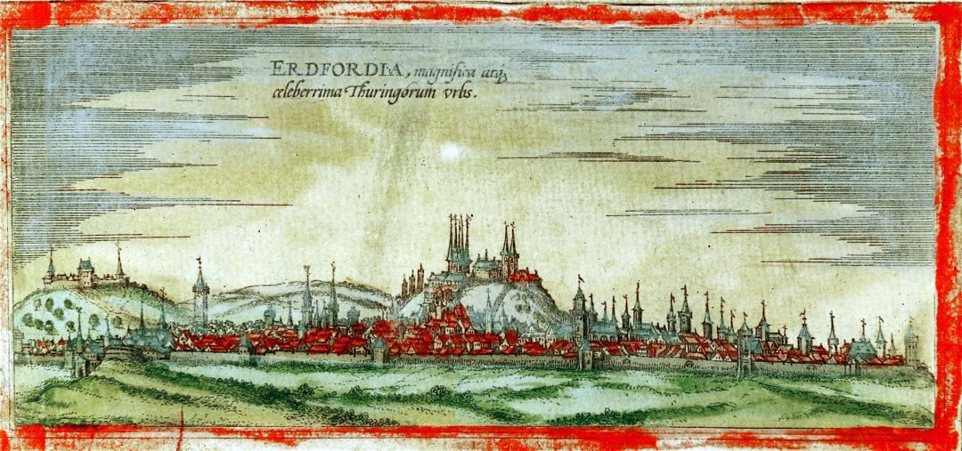 Gran detalle antiguo viejo vista panorámica de la ciudad de Erfurt - 1572