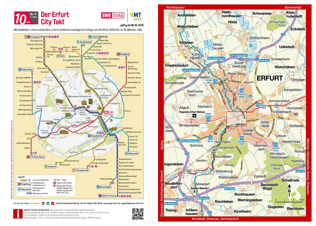Gran hoja de ruta detallada de la ciudad de Erfurt y sus alrededores con el transporte público mapa de la red