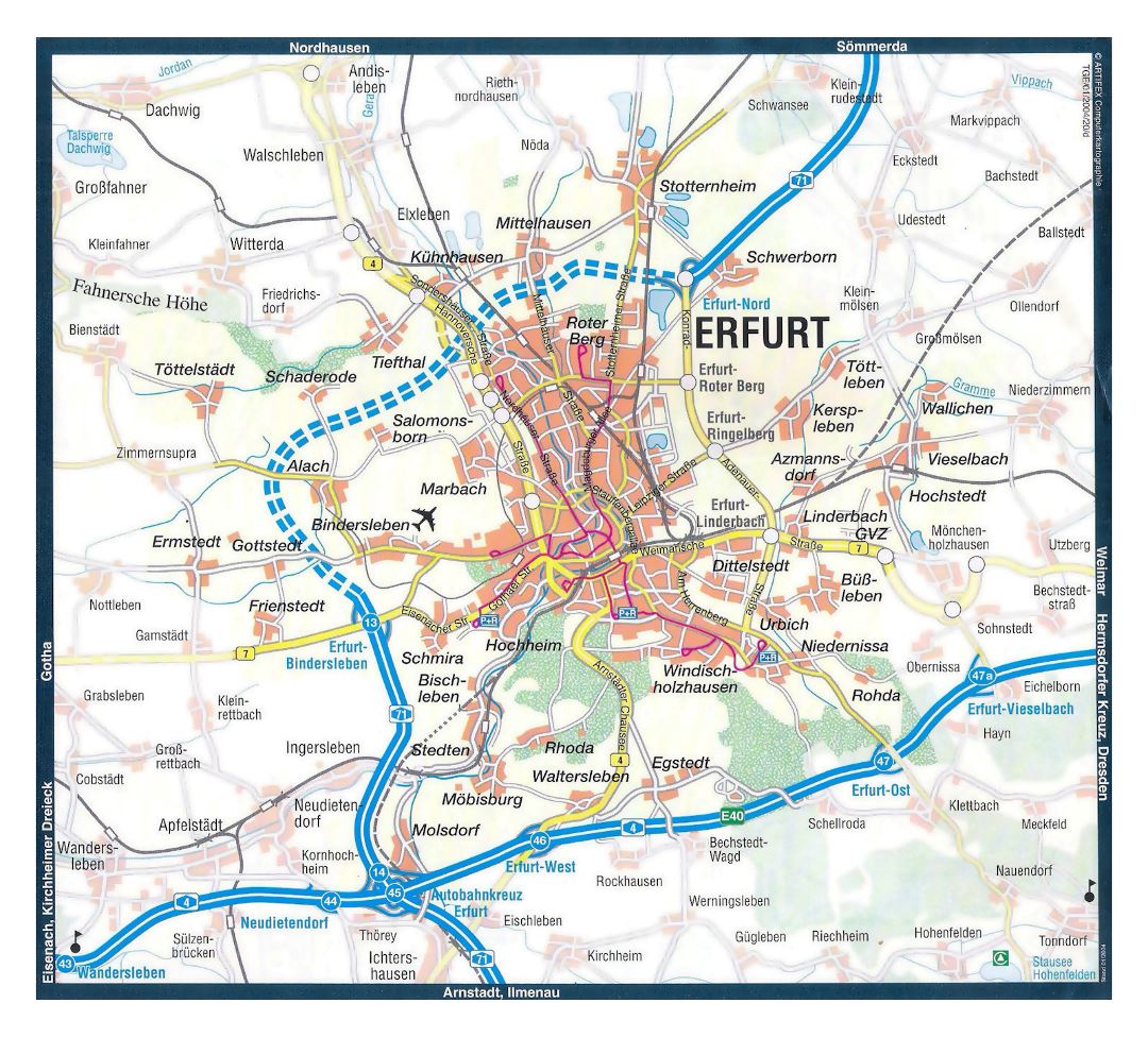 Gran mapa de la ciudad de Erfurt y sus alrededores con carreteras y otras marcas