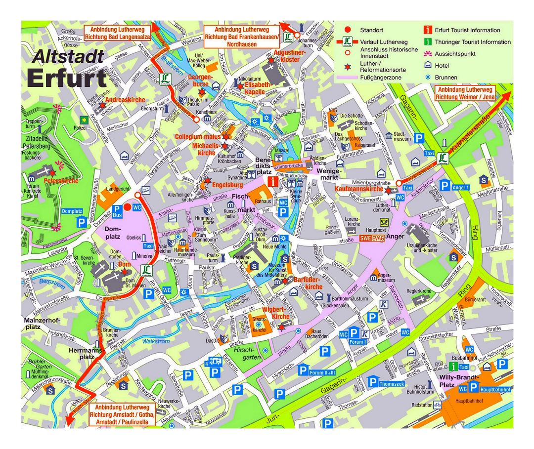 Gran mapa de la detallada de la parte central de la ciudad de Erfurt