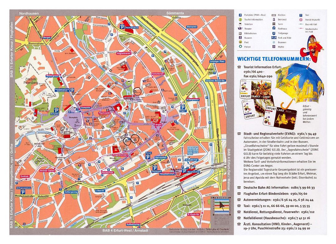 Gran mapa turístico de la parte central de la ciudad de Erfurt