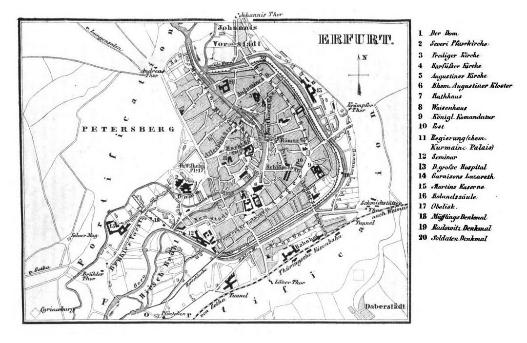 Mapa grande antiguo de la ciudad de Erfurt - 1860