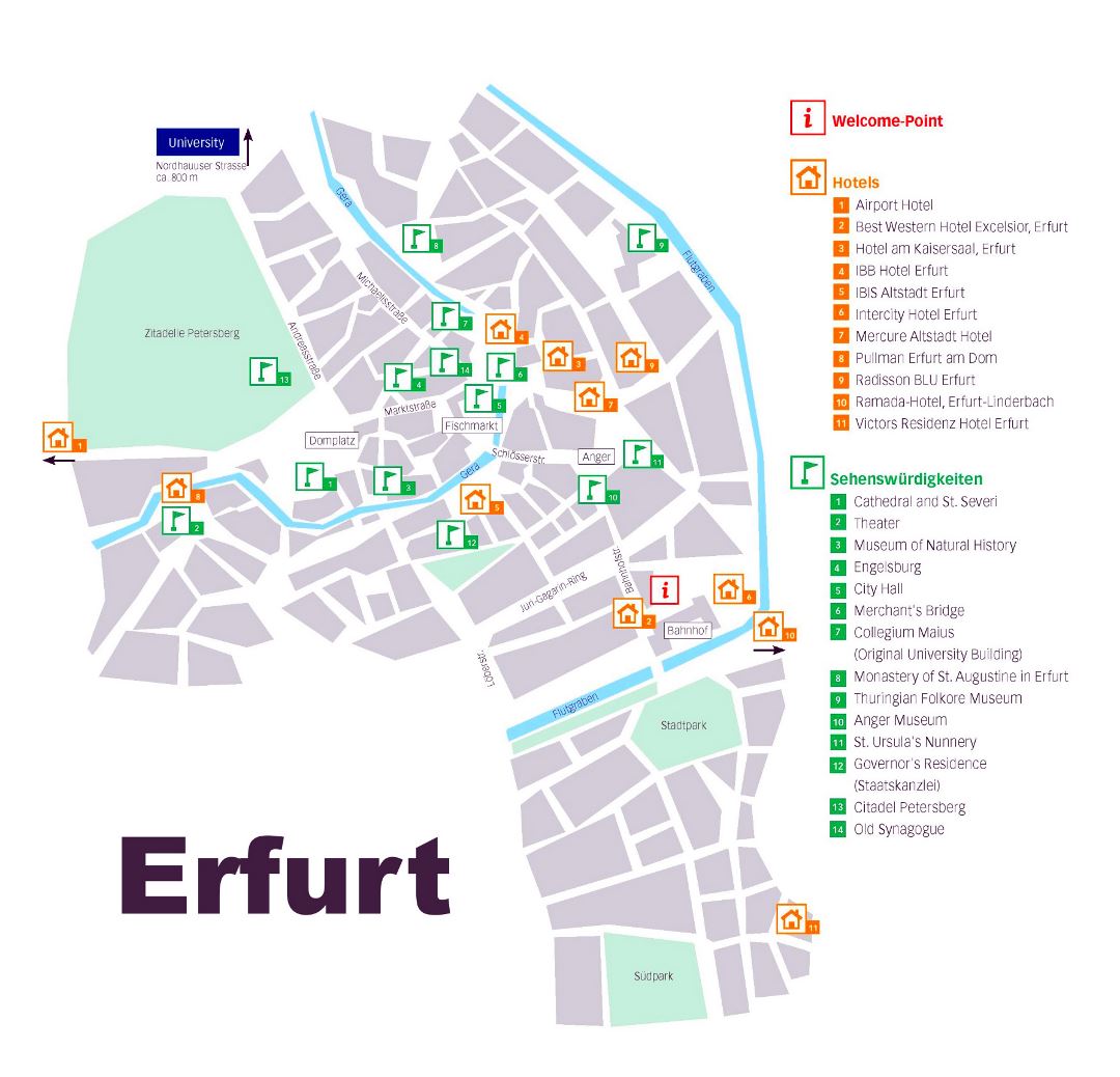 Mapa grande turística detallada de la parte central de Erfurt