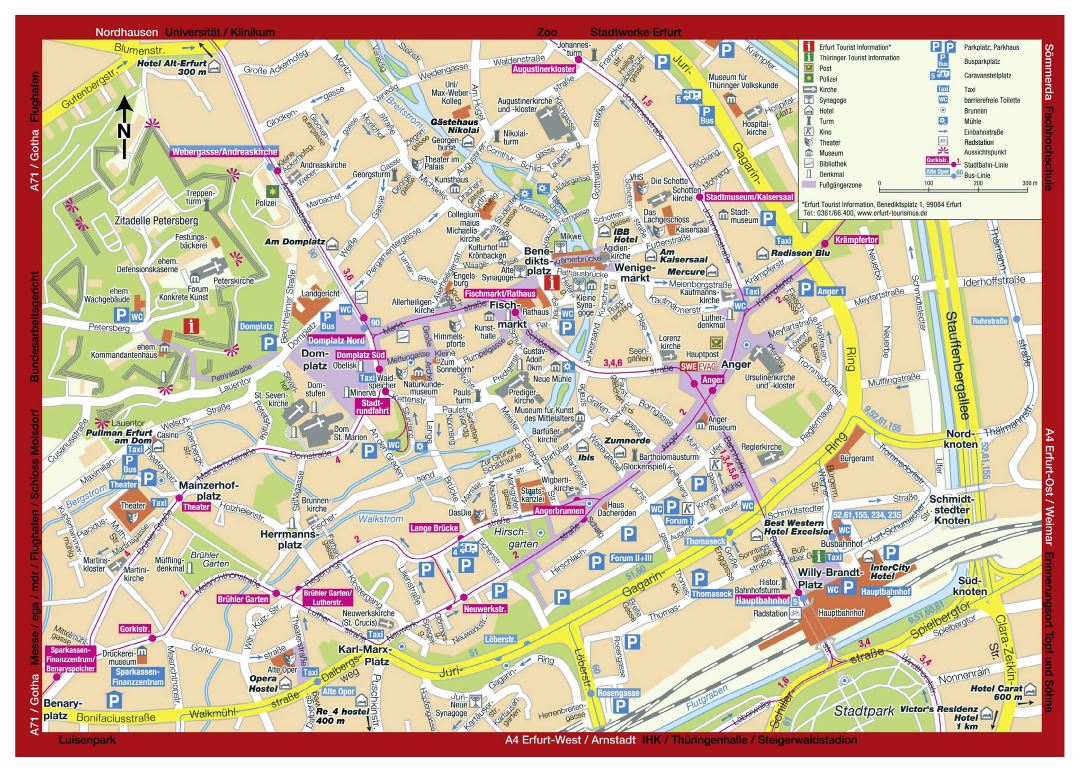 Mapa grande turística detallada de la parte central de la ciudad de Erfurt