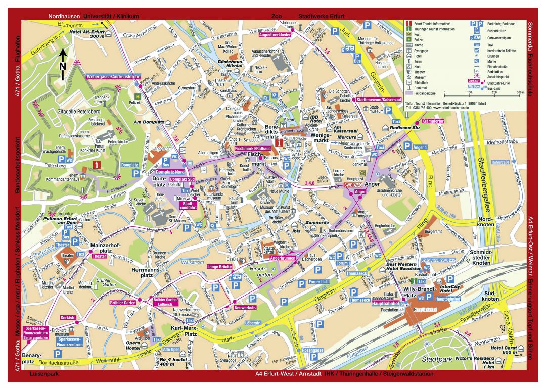Mapa grande turística detallada de la parte central de la ciudad de Erfurt