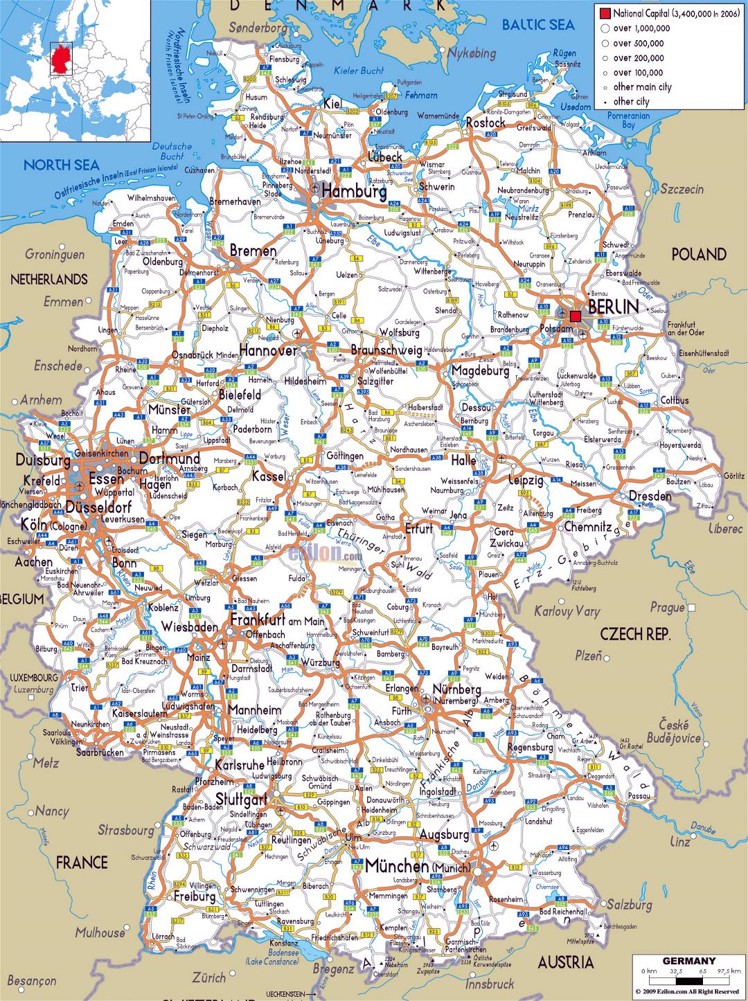 Gran mapa de carreteras de Alemania con las ciudades y aeropuertos
