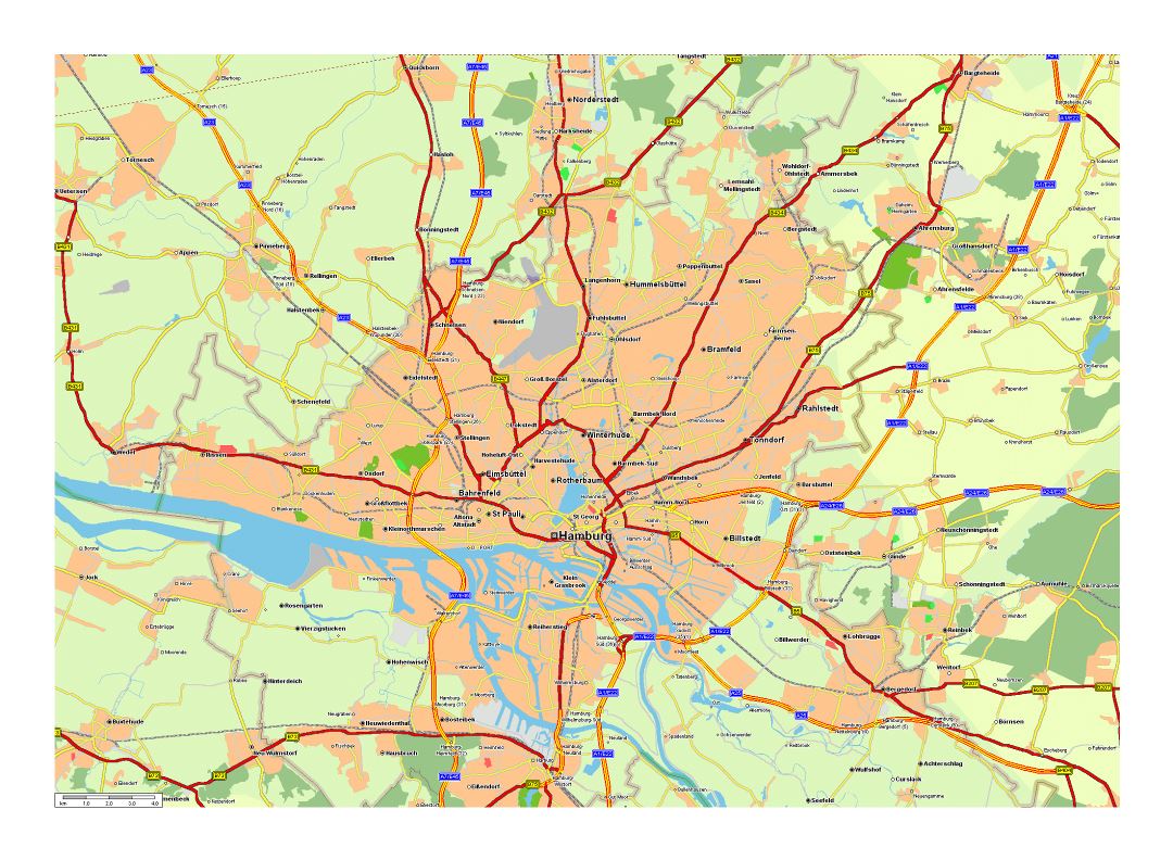 Gran mapa de carreteras de la ciudad de Hamburgo y sus alrededores