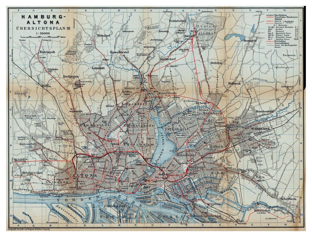 Gran mapa detallado de carril viejo de la ciudad de Hamburgo - 1910