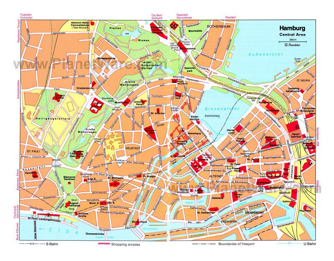 Mapa de la detallada de la parte central de la ciudad de Hamburgo