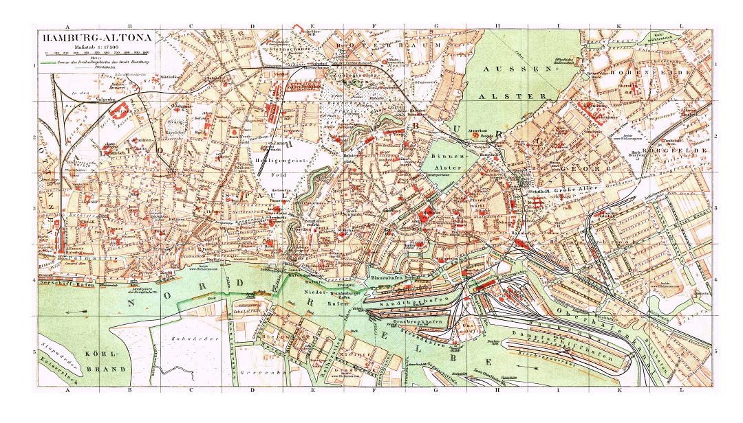 Mapa grande de edad detallado de la ciudad de Hamburgo - 1890