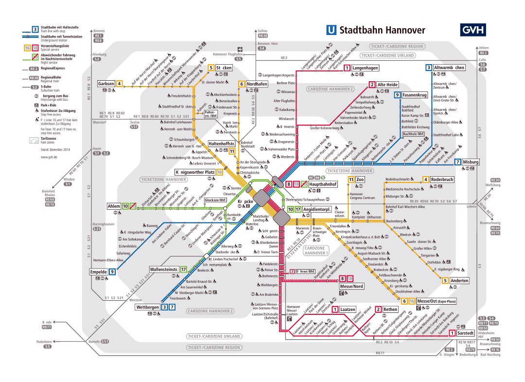 Ampliación de tranvía y de metro mapa detallado de Hannover