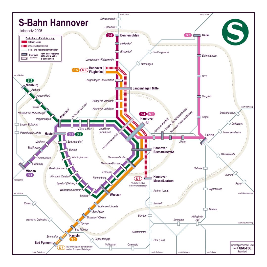 Mapa de S-Bahn detallada de Hannover - 2005