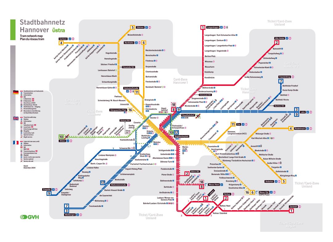 Mapa grande red de tranvías detallada de Hannover