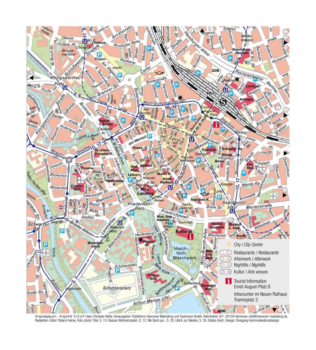 Mapa turístico detallada de la parte central de la ciudad de Hannover