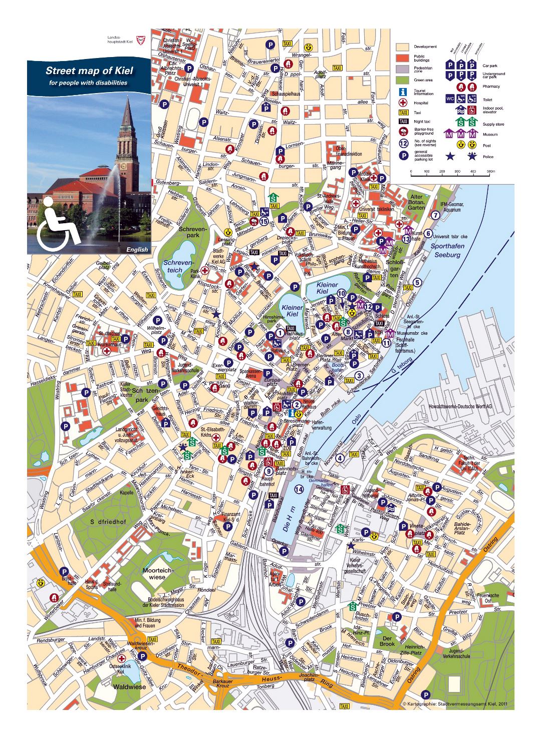 Ampliación de las atracciones turísticas detalladas mapa de la parte central de la ciudad de Kiel