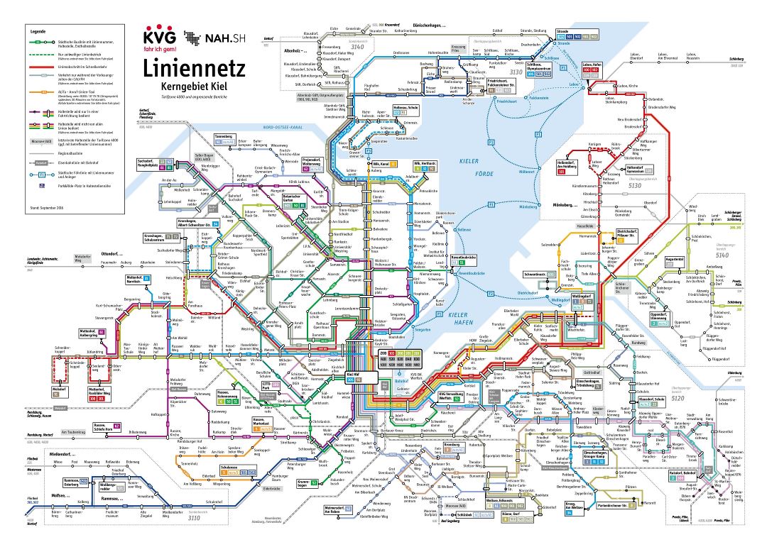 El transporte público gran mapa detallado de la red de la ciudad de Kiel