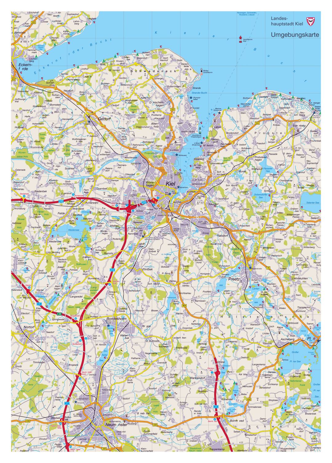 Gran mapa detallado de los alrededores de la ciudad de Kiel