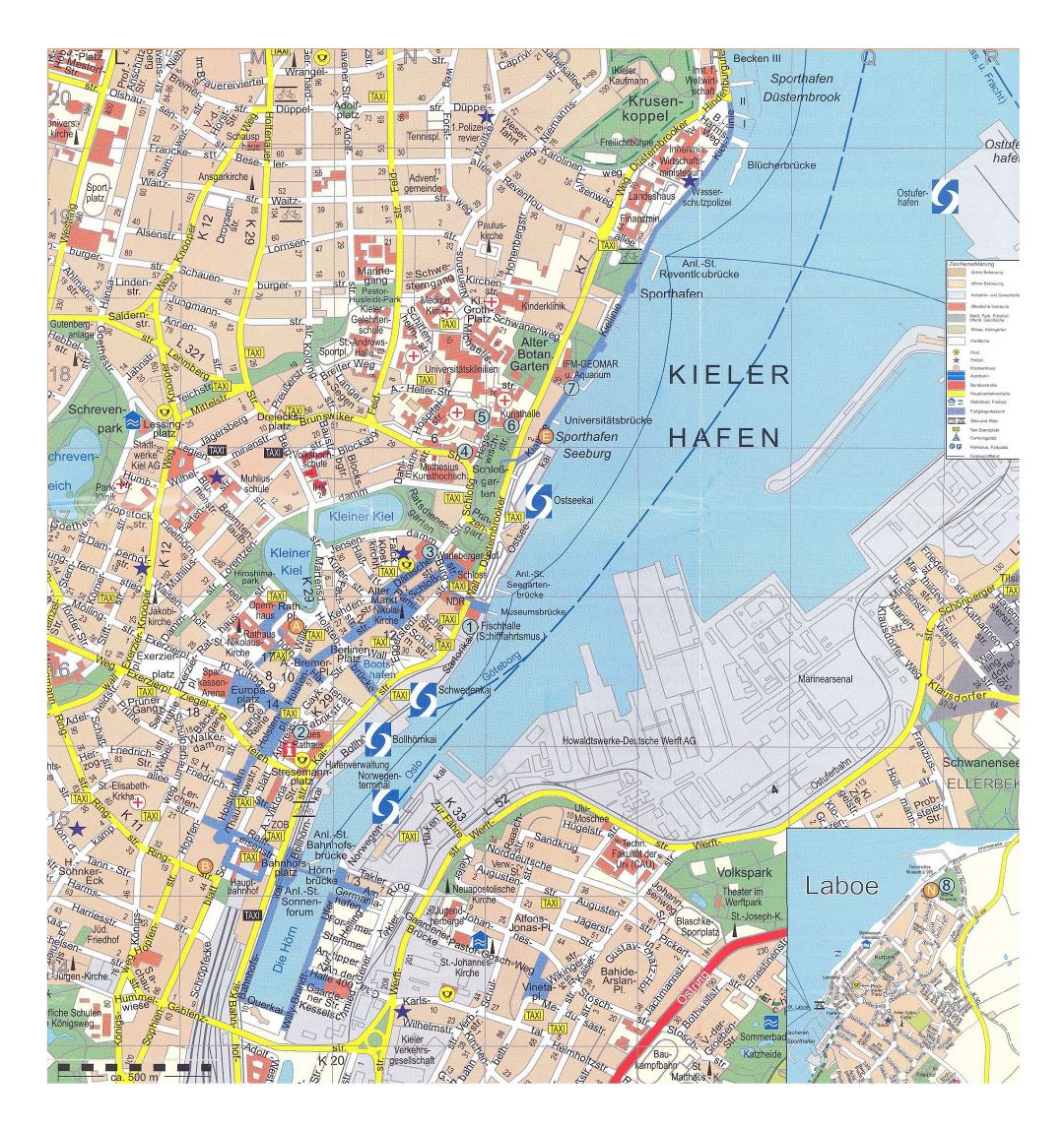 Mapa grande turística detallada de la parte central de la ciudad de Kiel