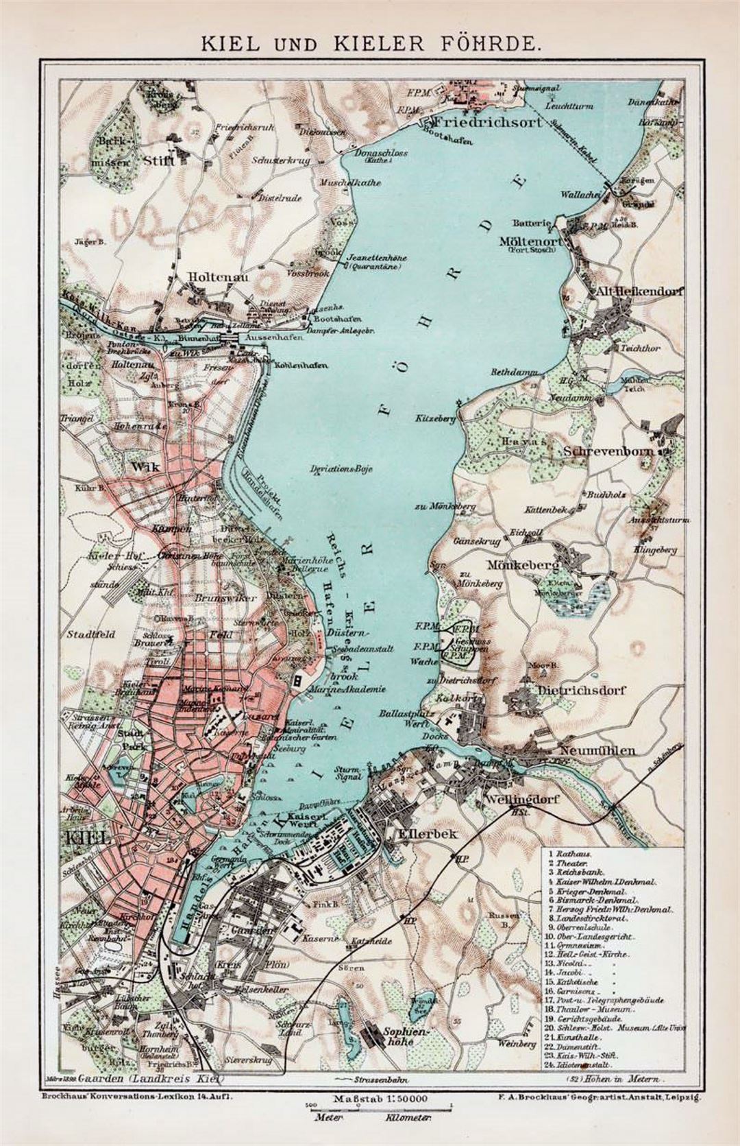 Viejo mapa detallado de Kiel con zona de entorno - 1892