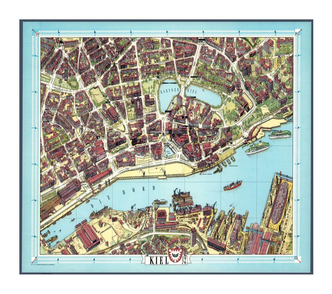 Viejo mapa ilustrado detallada de la parte central de la ciudad de Kiel - 1976