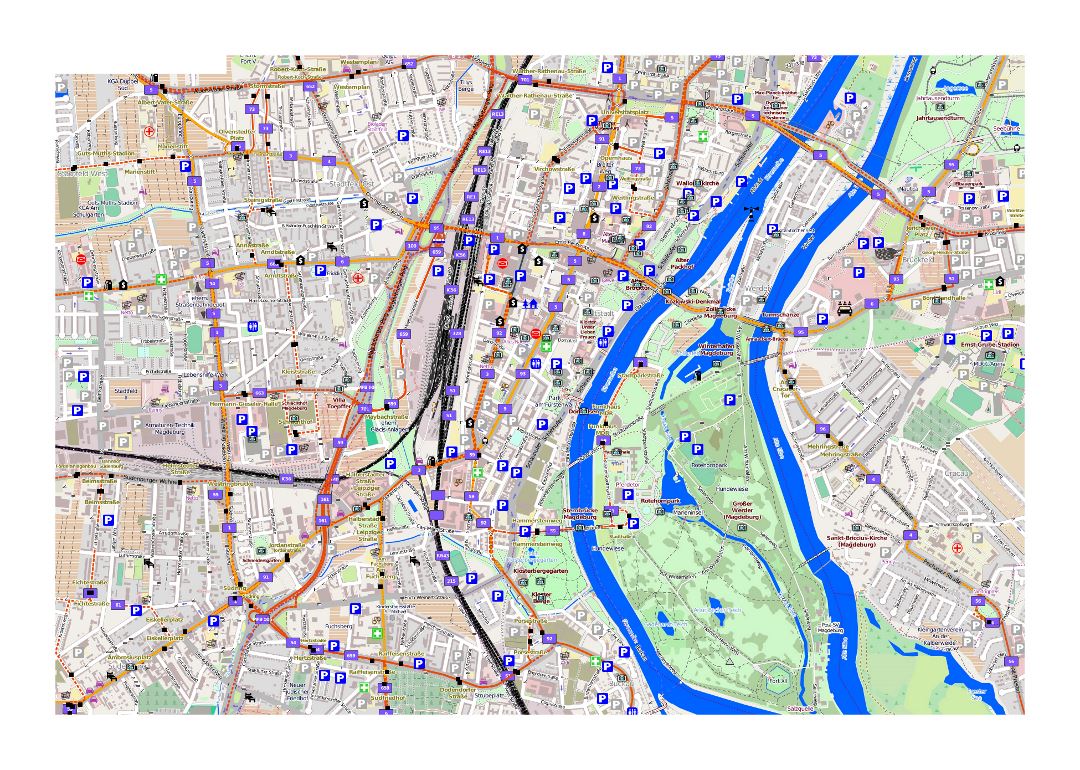 Gran mapa de la ciudad de Magdeburgo con otras marcas