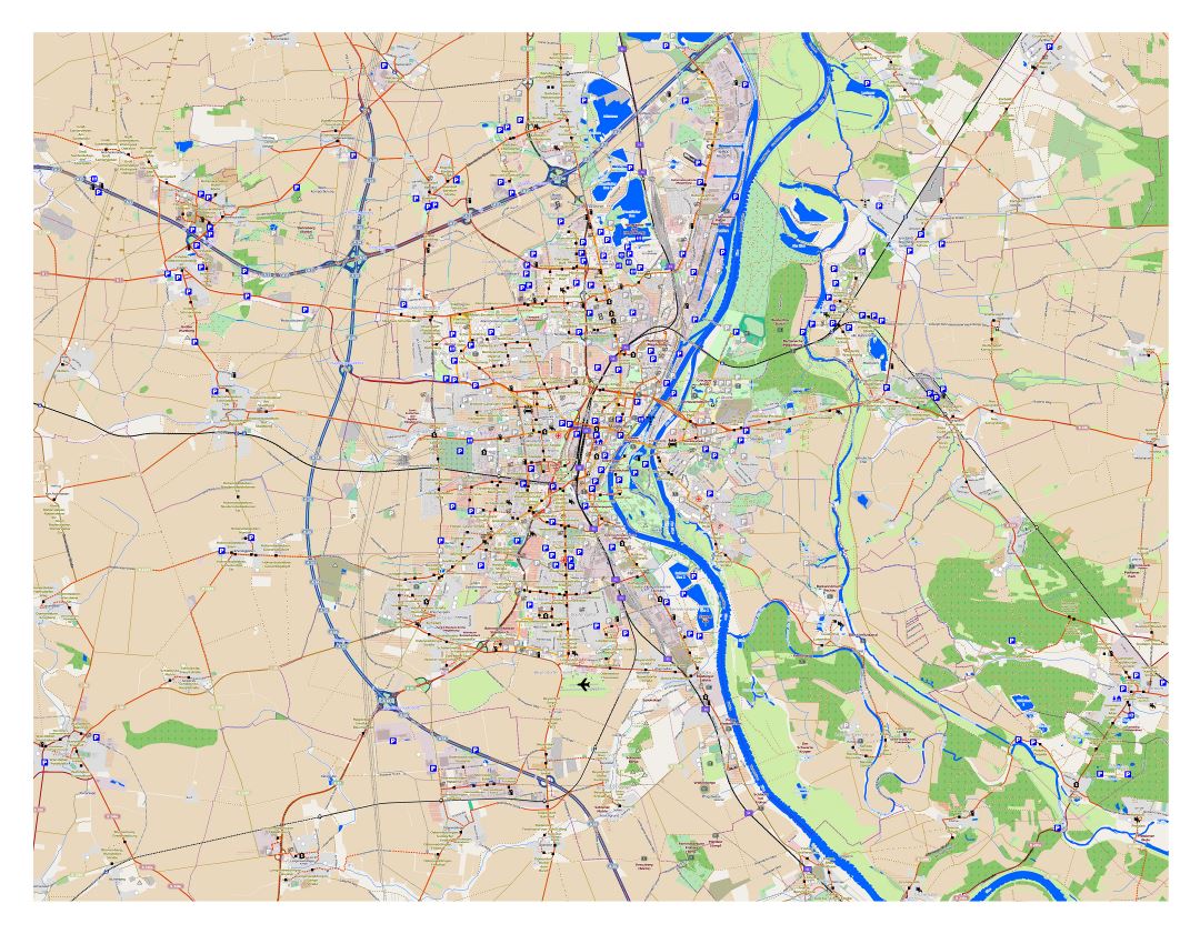 Gran mapa detallado de la ciudad de Magdeburgo y su entorno