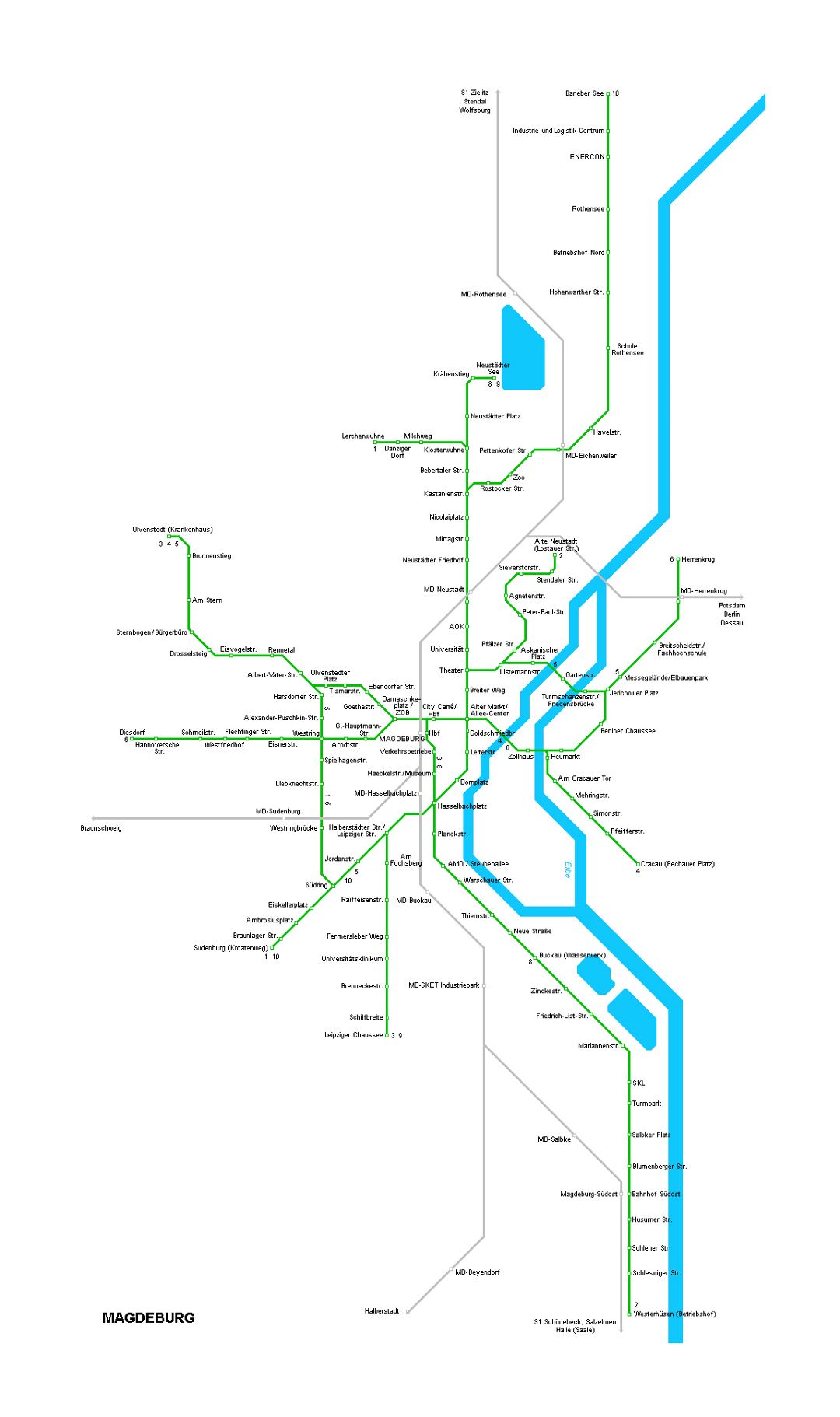 Mapa detallado de tranvía de la ciudad de Magdeburgo