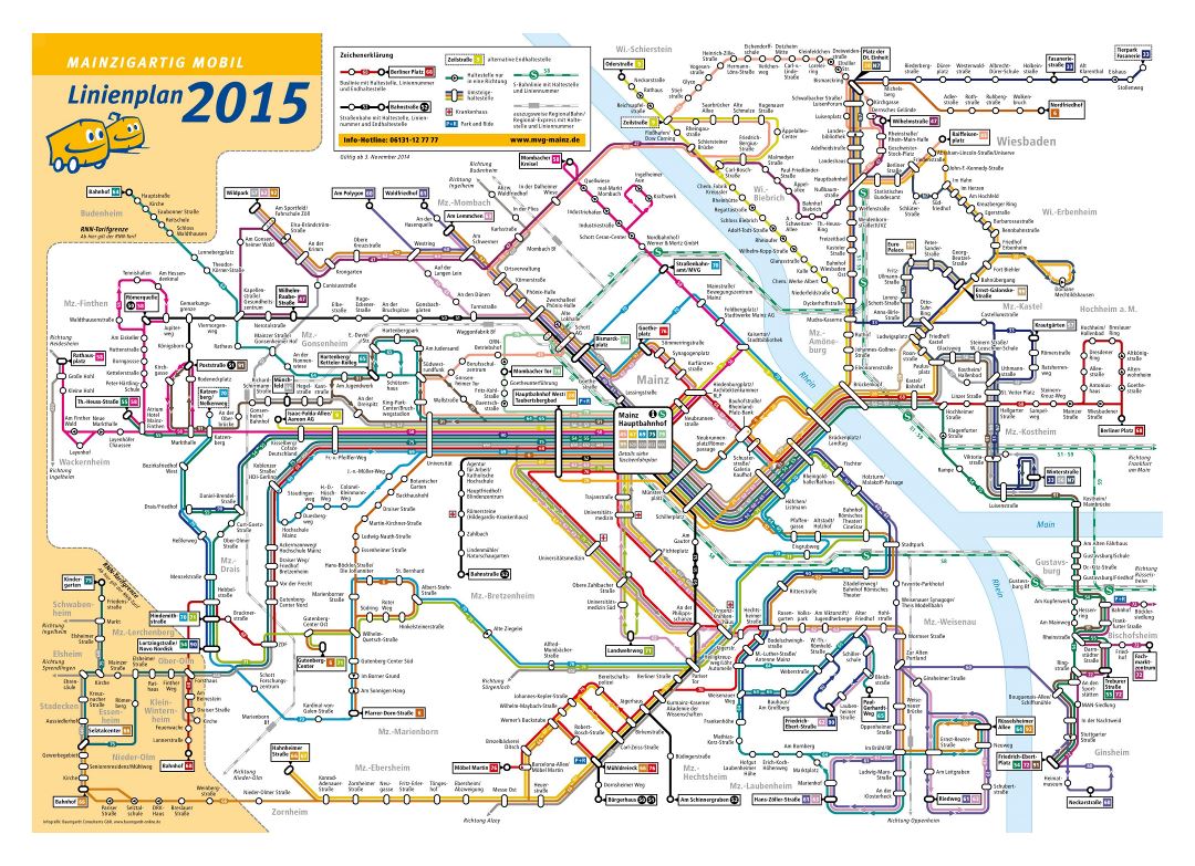 El transporte público gran mapa detallado de la red de la ciudad de Maguncia