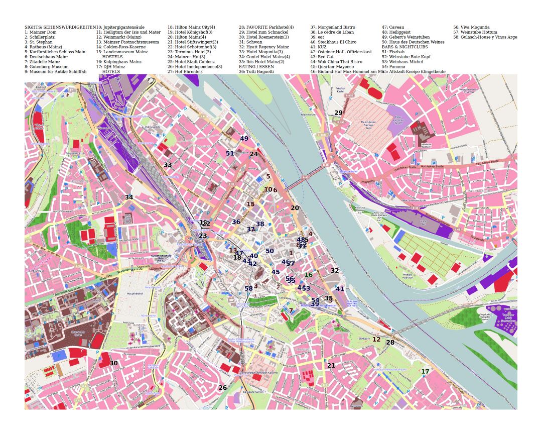 Mapa grande turística detallada de la ciudad de Maguncia