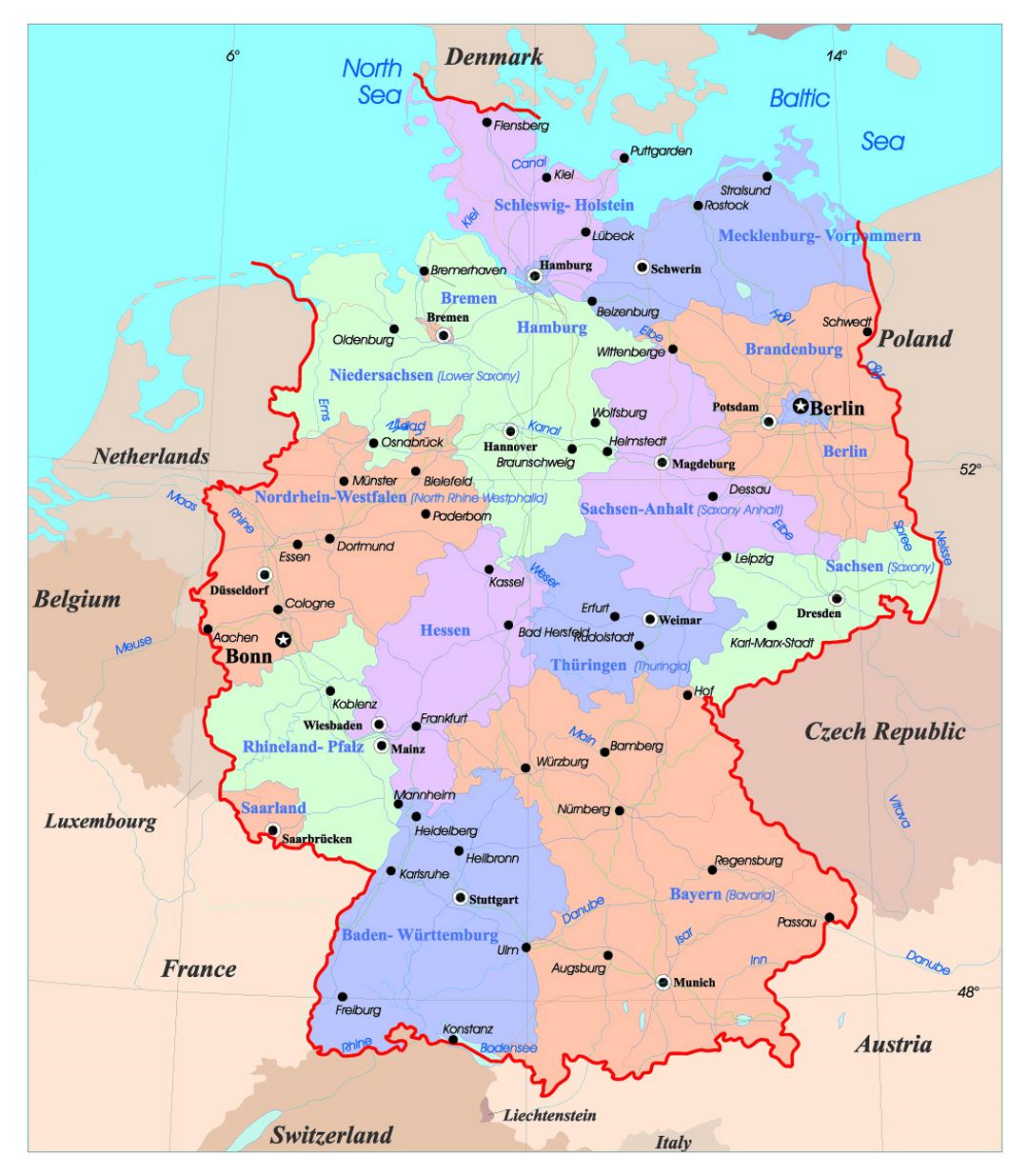 Mapa administrativo detallado de Alemania con las principales ciudades