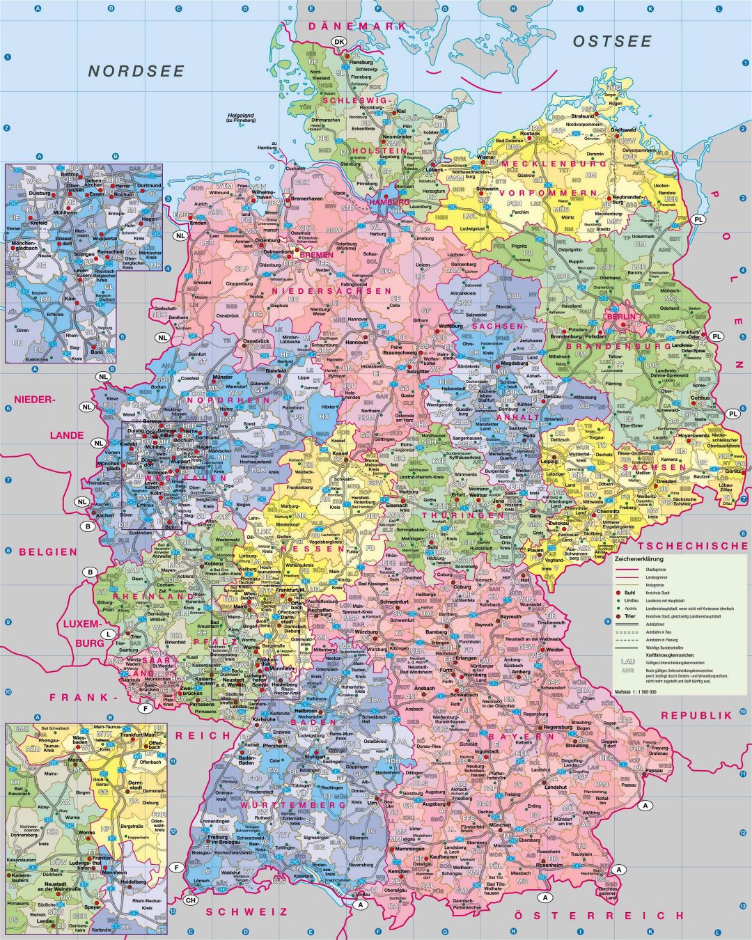 Mapa administrativo grande de Alemania, con caminos y ciudades