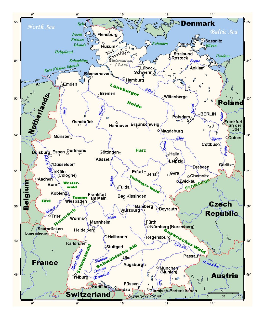Mapa detallado de Alemania con las principales ciudades