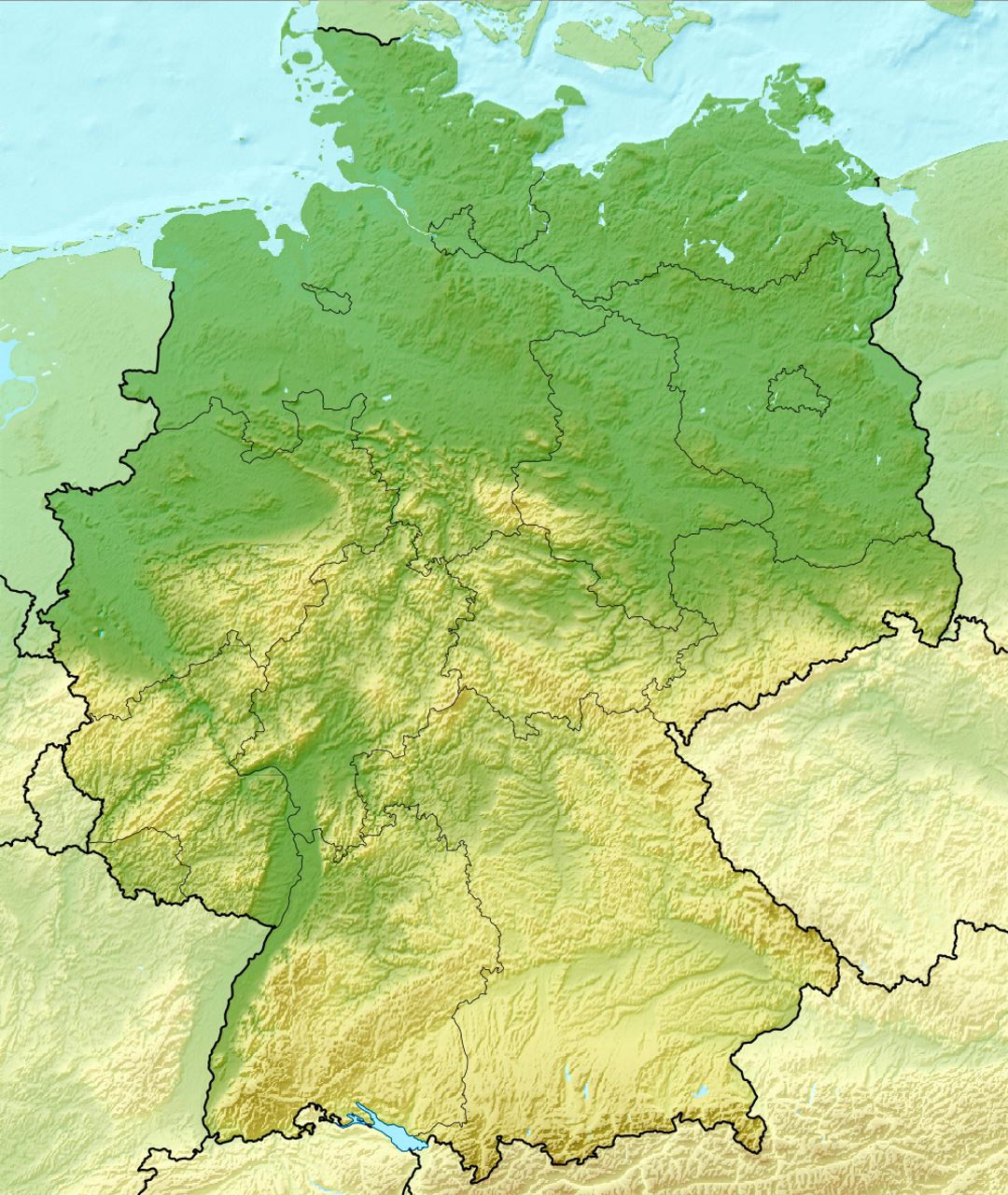 Mapa en relieve detallada de Alemania