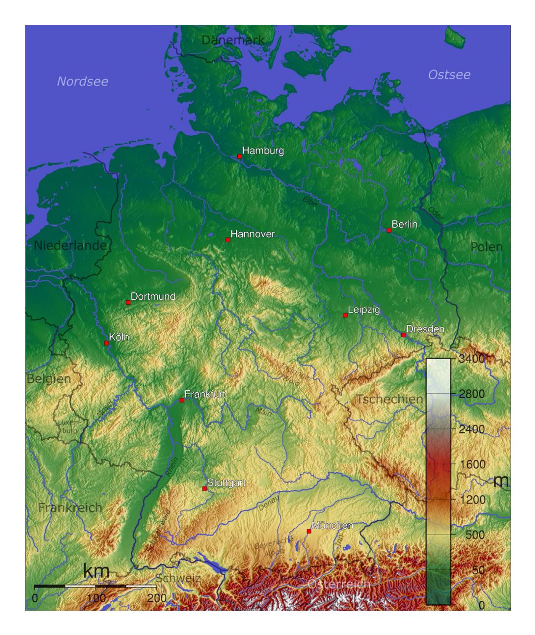 Mapa físico detallado de Alemania