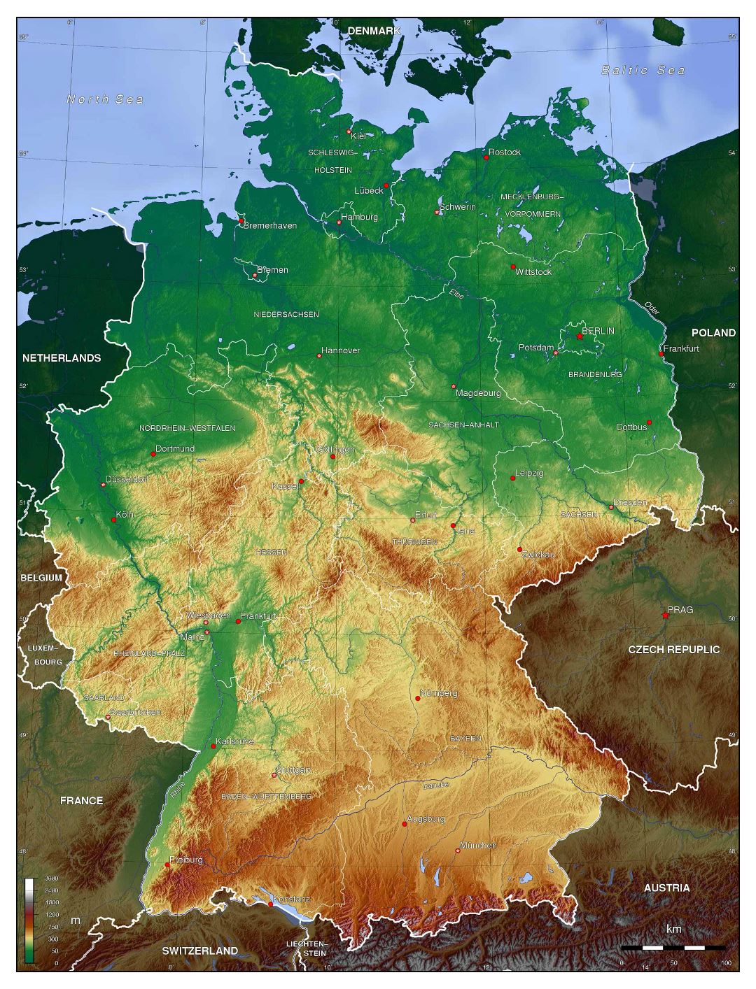 Mapa físico detallado grande de Alemania