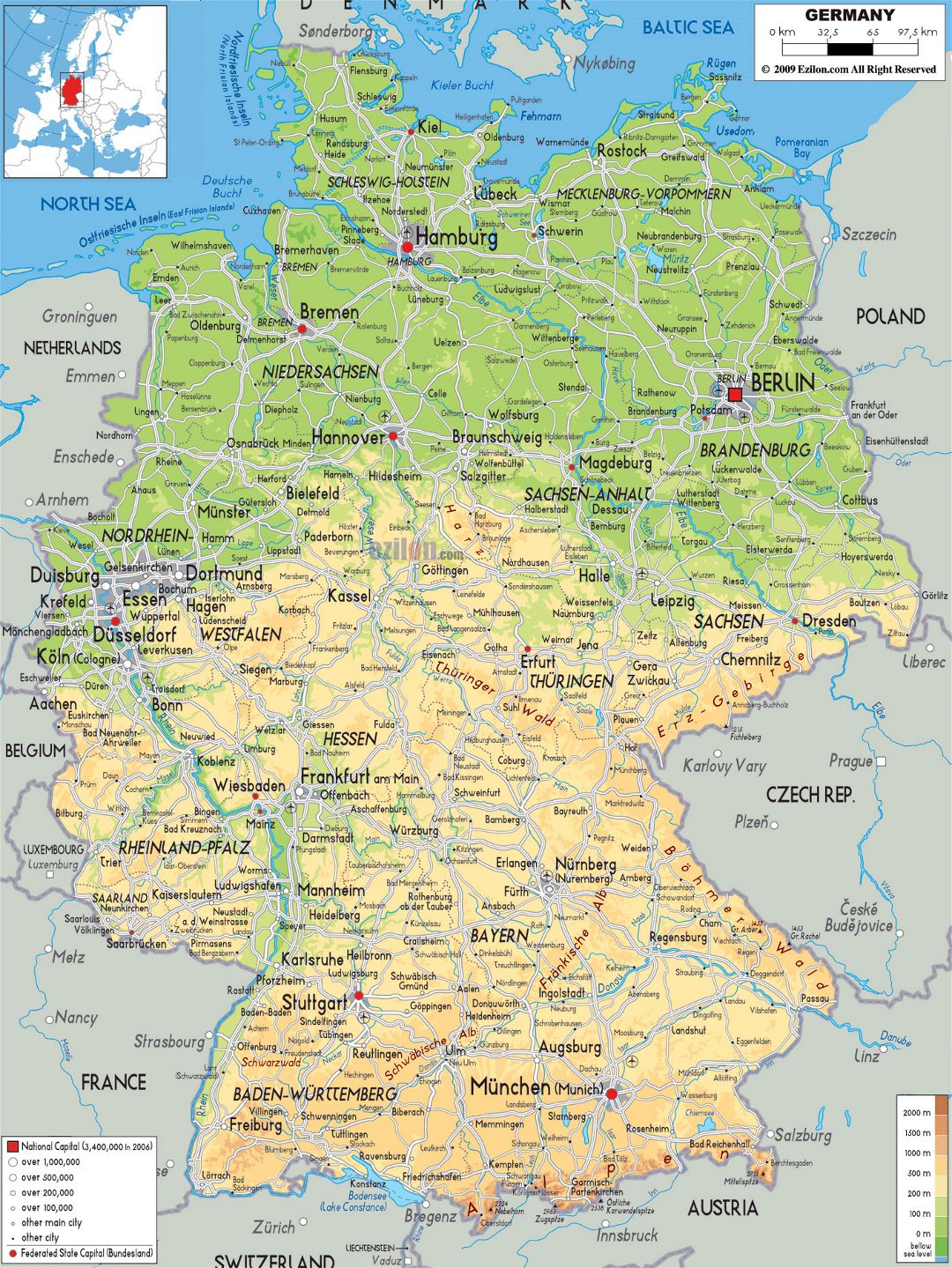 Mapa físico grande de Alemania, con carreteras, ciudades y aeropuertos