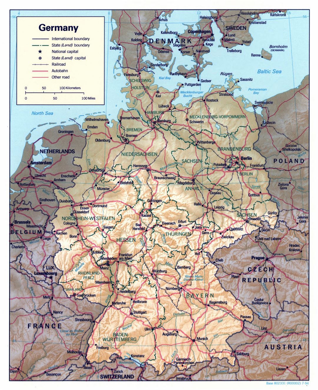 Mapa grande detallada política y administrativa de Alemania, con alivio, las carreteras y las principales ciudades - 1994
