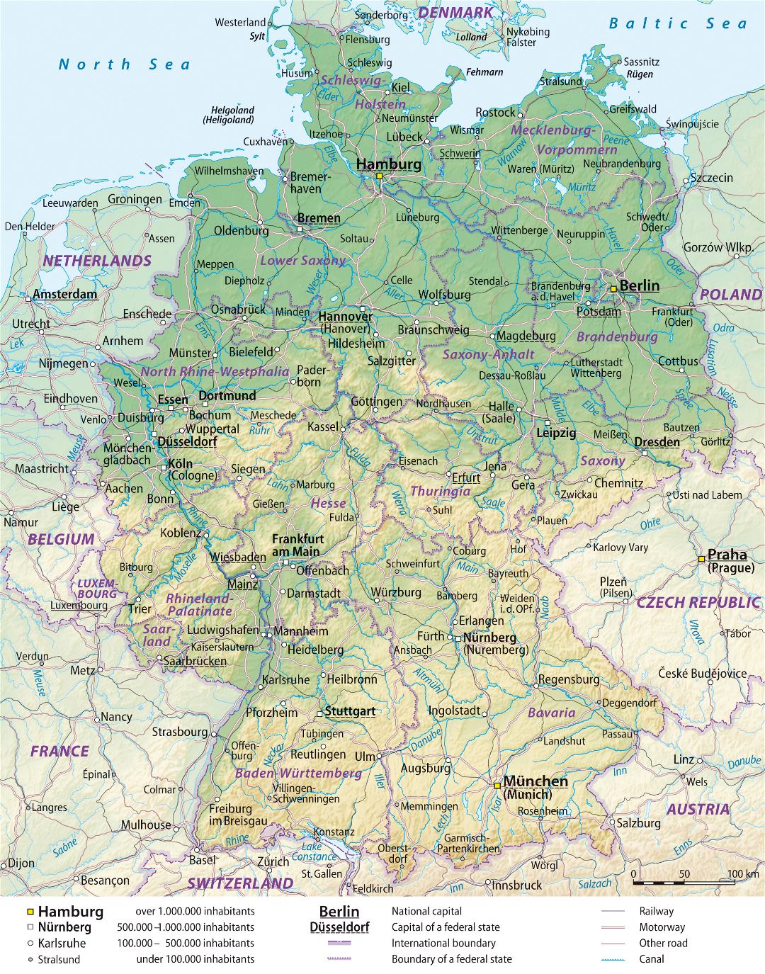 Mapa grande elevación detallado de Alemania con las divisiones administrativas, caminos y ciudades