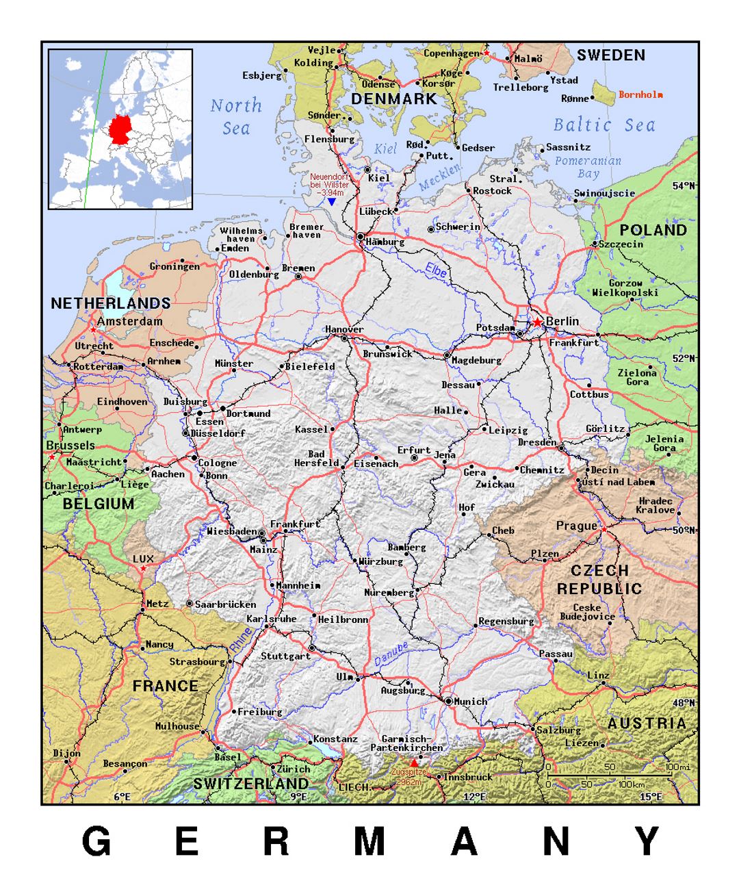 Mapa político detallado de Alemania con alivio