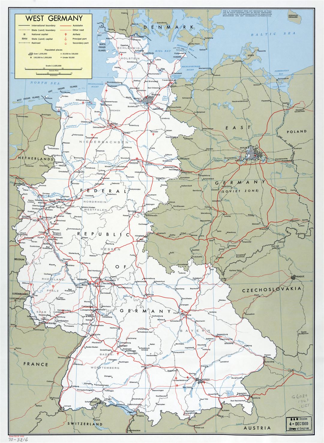 Mapa político y administrativo a gran escala de Alemania Occidental con marcas de ciudades, carreteras, vías férreas, aeródromos y puertos marítimos - 1969